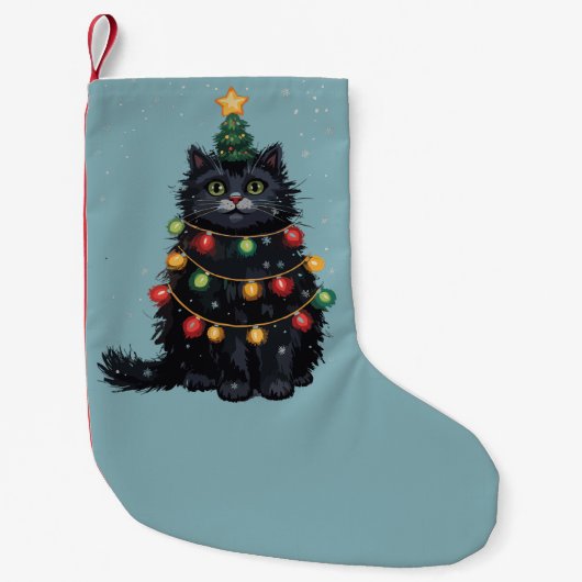 Zwarte kat kerstboom olieverfschilderij veranderd kleine kerstsok (Voorkant)
