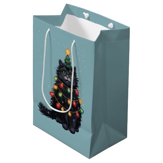 Zwarte kat kerstboom olieverfschilderij veranderd medium cadeauzakje (Voorkant Gekanteld)