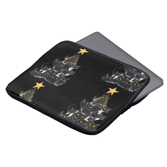 Zwarte Kat Kerstboom Ontwerp Mousserende Sterren Laptop Sleeve (Voorkant top)