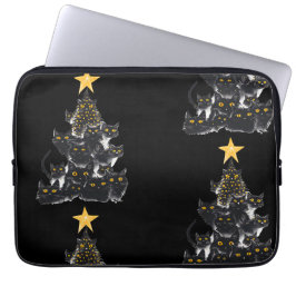 Zwarte Kat Kerstboom Ontwerp Mousserende Sterren Laptop Sleeve