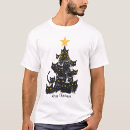Zwarte Kat Kerstboom Ontwerp Mousserende Sterren T-shirt