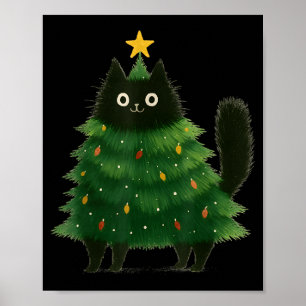 Zwarte Kat Kerstboom Schattige Vakantie Huisdier L Poster