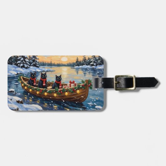 Zwarte Kat Kerstboot Vakantie Bagagelabel (Voorkant horizontaal)