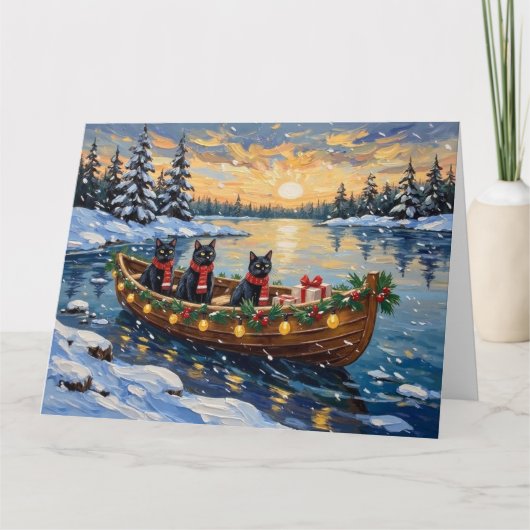 Zwarte Kat Kerstboot Vakantie Kaart (Voorkant)