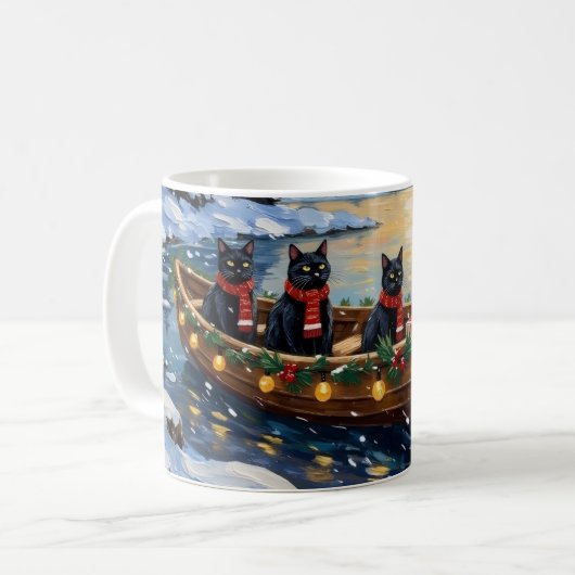 Zwarte Kat Kerstboot Vakantie Koffiemok (Voorkant links)