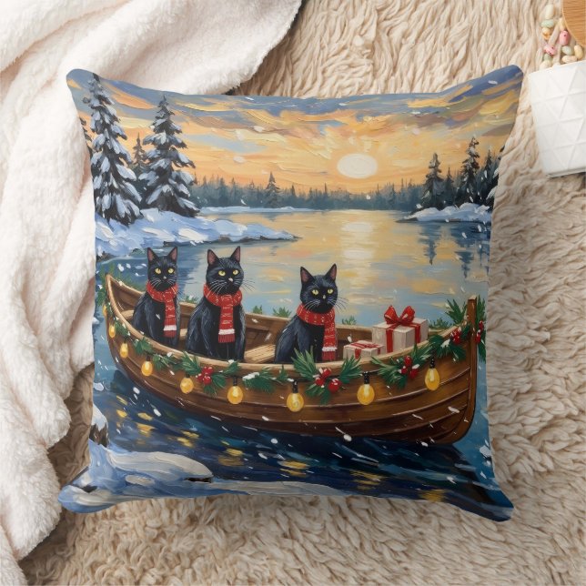 Zwarte Kat Kerstboot Vakantie Kussen (Deken)