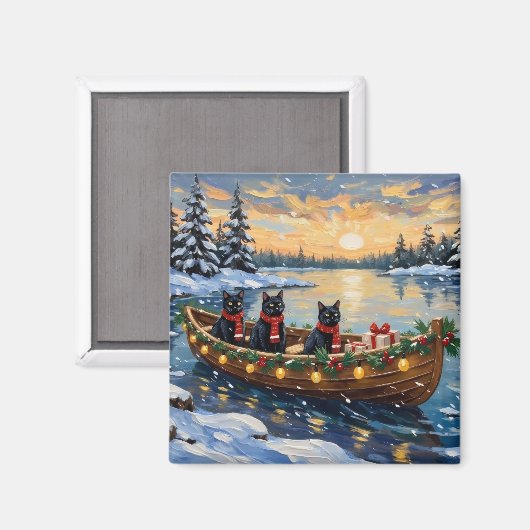 Zwarte Kat Kerstboot Vakantie Magneet (Voorkant / Achterkant)