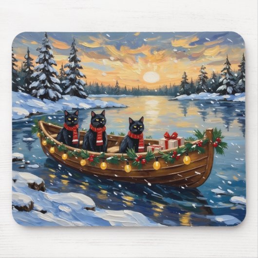 Zwarte Kat Kerstboot Vakantie Muismat (Voorkant)