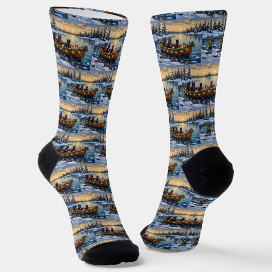 Zwarte Kat Kerstboot Vakantie Sokken (Gebogen)