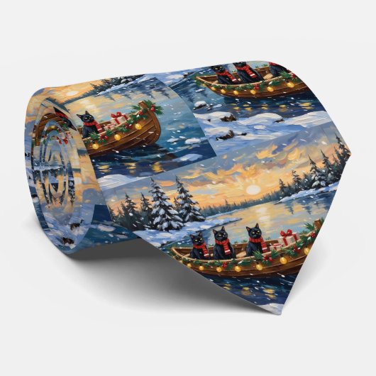 Zwarte Kat Kerstboot Vakantie Stropdas (Opgerold)