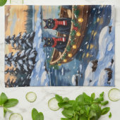Zwarte Kat Kerstboot Vakantie Theedoek (Gevouwen)