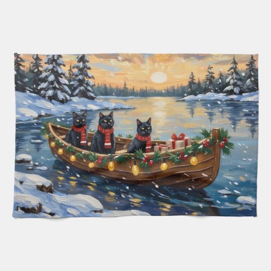 Zwarte Kat Kerstboot Vakantie Theedoek (Horizontaal)
