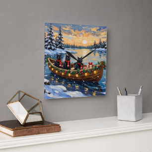Zwarte Kat Kerstboot Vakantie Vierkante Klok