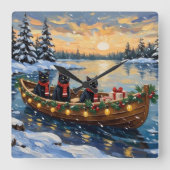 Zwarte Kat Kerstboot Vakantie Vierkante Klok (Voorkant)