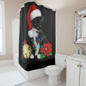 Zwarte kat-kerstkerstkerstkerstman in de gaten douchegordijn (In situ)
