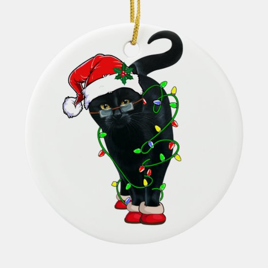 Zwarte kat-kerstkerstkerstkerstman in de gaten keramisch ornament (Voorkant)