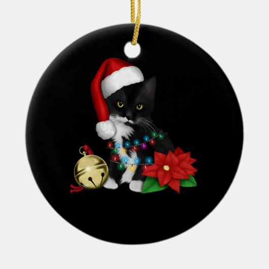 Zwarte kat-kerstkerstkerstkerstman in de gaten keramisch ornament (Voorkant)