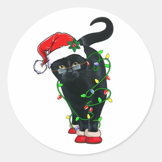 Zwarte kat-kerstkerstkerstkerstman in de gaten ronde sticker (Voorkant)
