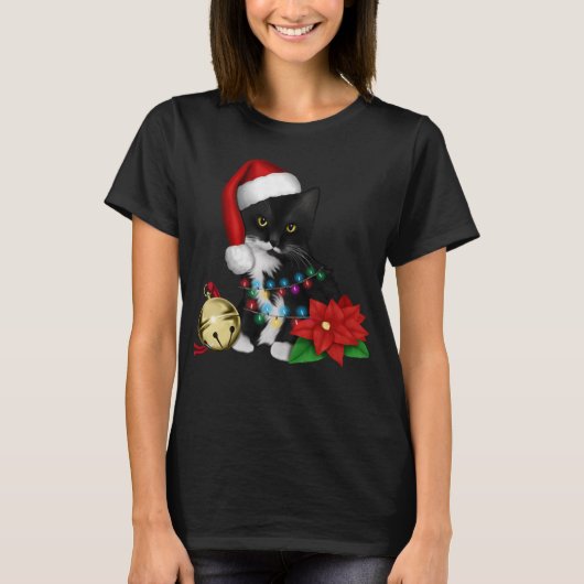Zwarte kat-kerstkerstkerstkerstman in de gaten t-shirt (Voorkant)