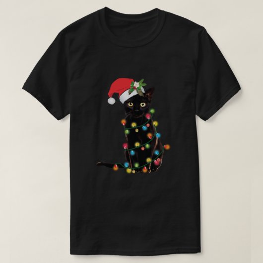Zwarte kat-kerstkerstkerstman met schuine streep t-shirt (Design voorkant)