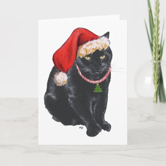 Zwarte kat kerstkerstman feestdagen kaart (Voorkant)