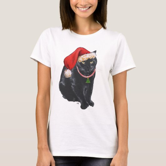 Zwarte kat kerstkerstman t-shirt (Voorkant)