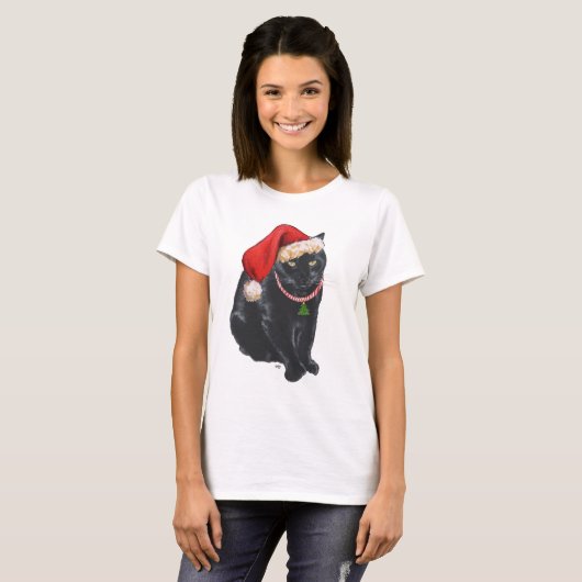 Zwarte kat kerstkerstman t-shirt (Voorkant volledig)