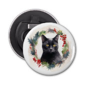 Zwarte Kat Kerstkrans Feestelijke Kitten Button Flesopener (Voorkant)