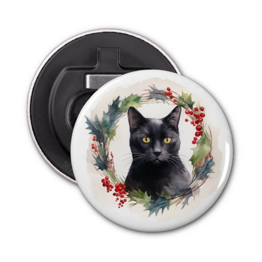 Zwarte Kat Kerstkrans Feestelijke Kitten Button Flesopener (Voorkant)
