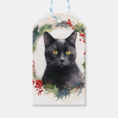 Zwarte Kat Kerstkrans Feestelijke Kitten Cadeaulabel (Voorkant)