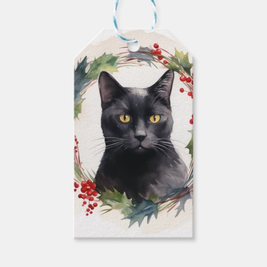 Zwarte Kat Kerstkrans Feestelijke Kitten Cadeaulabel (Voorkant)