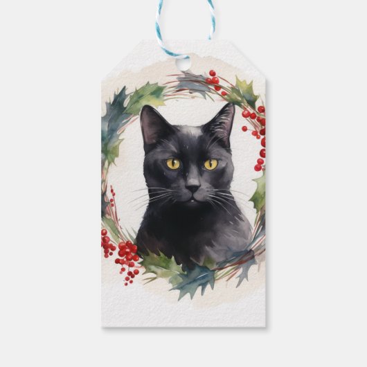 Zwarte Kat Kerstkrans Feestelijke Kitten Cadeaulabel (Achterkant)