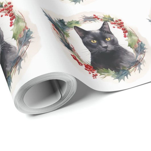 Zwarte Kat Kerstkrans Feestelijke Kitten Cadeaupapier (Rol Hoek)