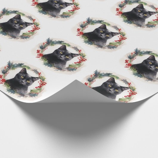 Zwarte Kat Kerstkrans Feestelijke Kitten Cadeaupapier (Hoek)
