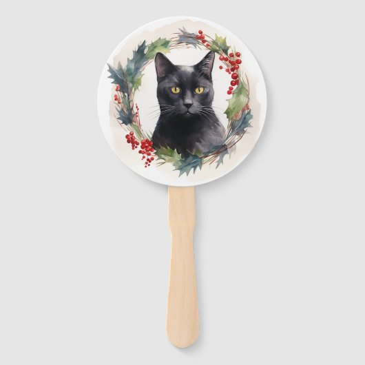 Zwarte Kat Kerstkrans Feestelijke Kitten Handwaaier (Achterkant)