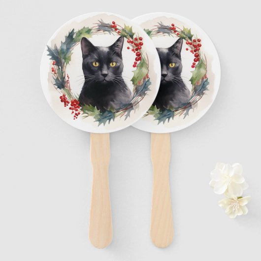 Zwarte Kat Kerstkrans Feestelijke Kitten Handwaaier (Voorkant en achterkant)
