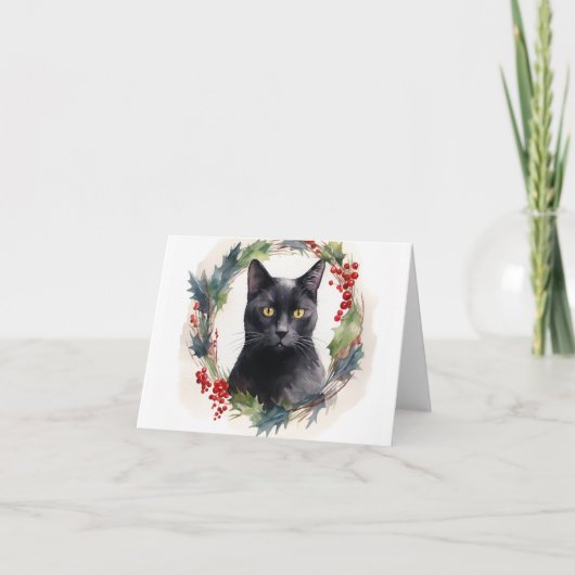 Zwarte Kat Kerstkrans Feestelijke Kitten Kaart (Voorkant)