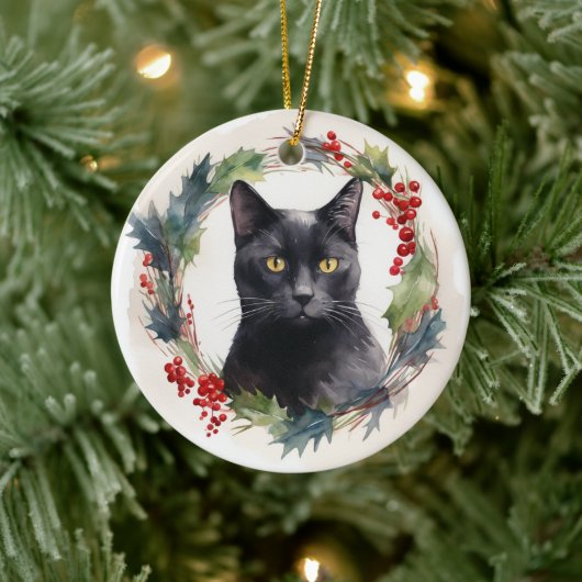 Zwarte Kat Kerstkrans Feestelijke Kitten Keramisch Ornament (Boom)