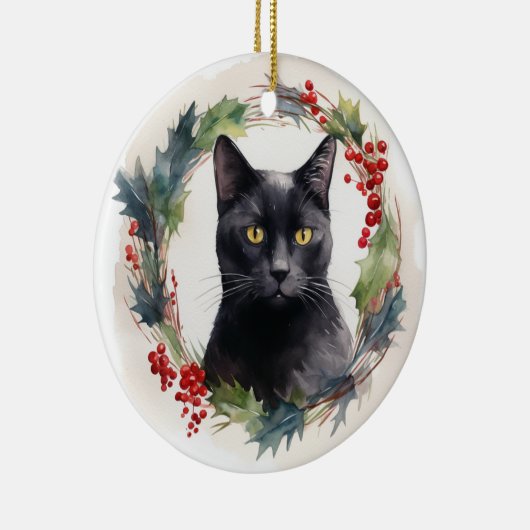 Zwarte Kat Kerstkrans Feestelijke Kitten Keramisch Ornament (Rechts)