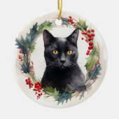 Zwarte Kat Kerstkrans Feestelijke Kitten Keramisch Ornament (Voorkant)