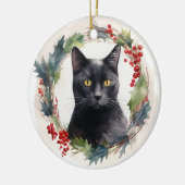 Zwarte Kat Kerstkrans Feestelijke Kitten Keramisch Ornament (Links)