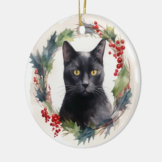 Zwarte Kat Kerstkrans Feestelijke Kitten Keramisch Ornament (Links)