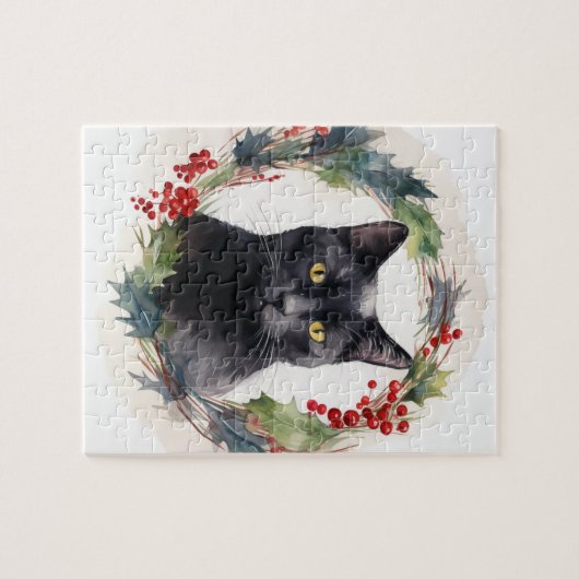 Zwarte Kat Kerstkrans Feestelijke Kitten Legpuzzel (Horizontaal)