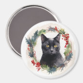 Zwarte Kat Kerstkrans Feestelijke Kitten Magneet (Voorkant / Achterkant)