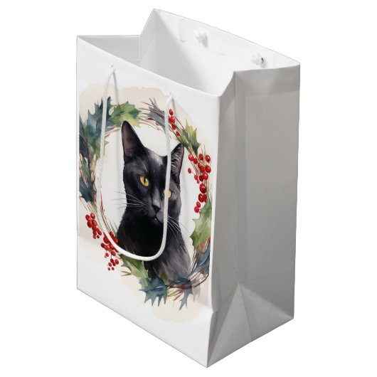 Zwarte Kat Kerstkrans Feestelijke Kitten Medium Cadeauzakje (Voorkant Gekanteld)