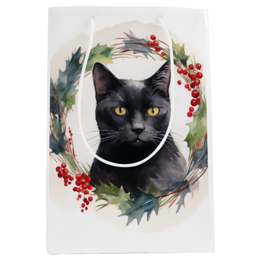 Zwarte Kat Kerstkrans Feestelijke Kitten Medium Cadeauzakje (Voorkant)