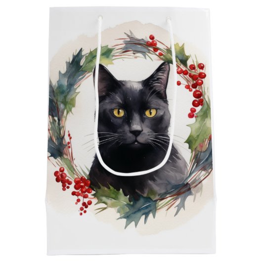 Zwarte Kat Kerstkrans Feestelijke Kitten Medium Cadeauzakje (Achterkant)