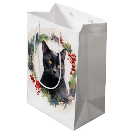 Zwarte Kat Kerstkrans Feestelijke Kitten Medium Cadeauzakje (Achterkant Gekanteld)