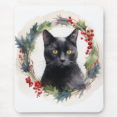 Zwarte Kat Kerstkrans Feestelijke Kitten Muismat (Voorkant)