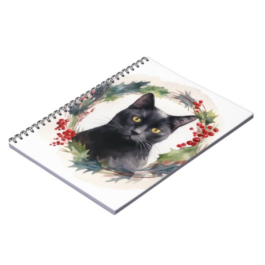Zwarte Kat Kerstkrans Feestelijke Kitten Notitieboek (Linkerzijde)